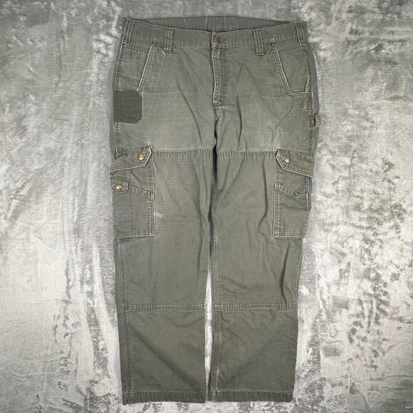 Vintage Carhartt Ripstop Double Knee Olive Green Cargo Pants B342-MOS Size 38x30 - Picture 1 of 8
